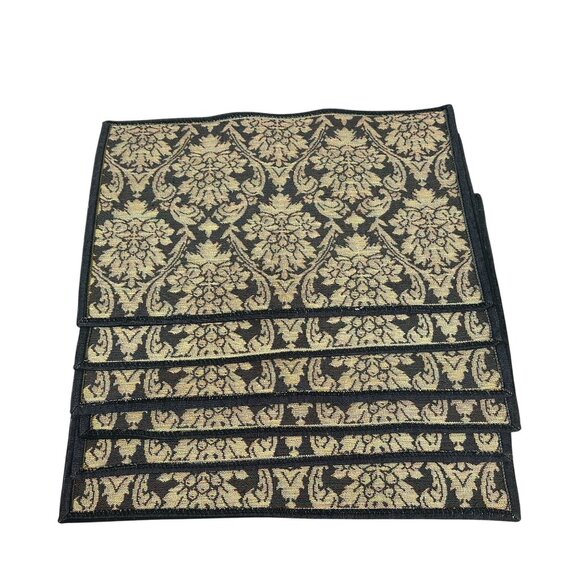 Set Of 6 Damask Placemats Black & Beige Jacquard Fabric Dining Table Decor - Picture 2 of 4